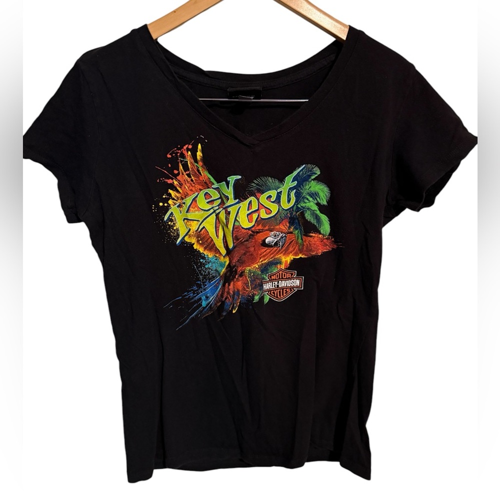 Harley Davidson Key West Black V neck double Graphic Women's Top shirt Sz XL
